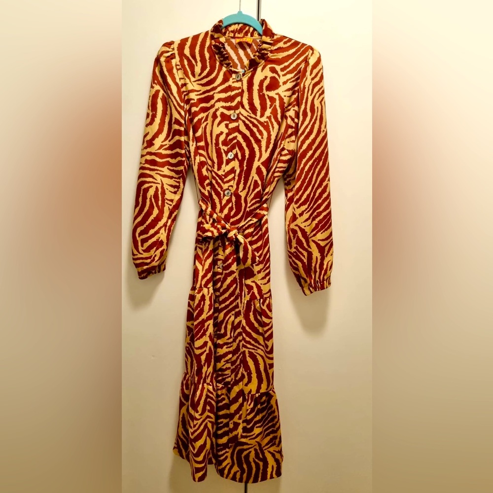 Kitri dress. Shirt dress, zebra stripe, neck ruffles, layers skirt, belt